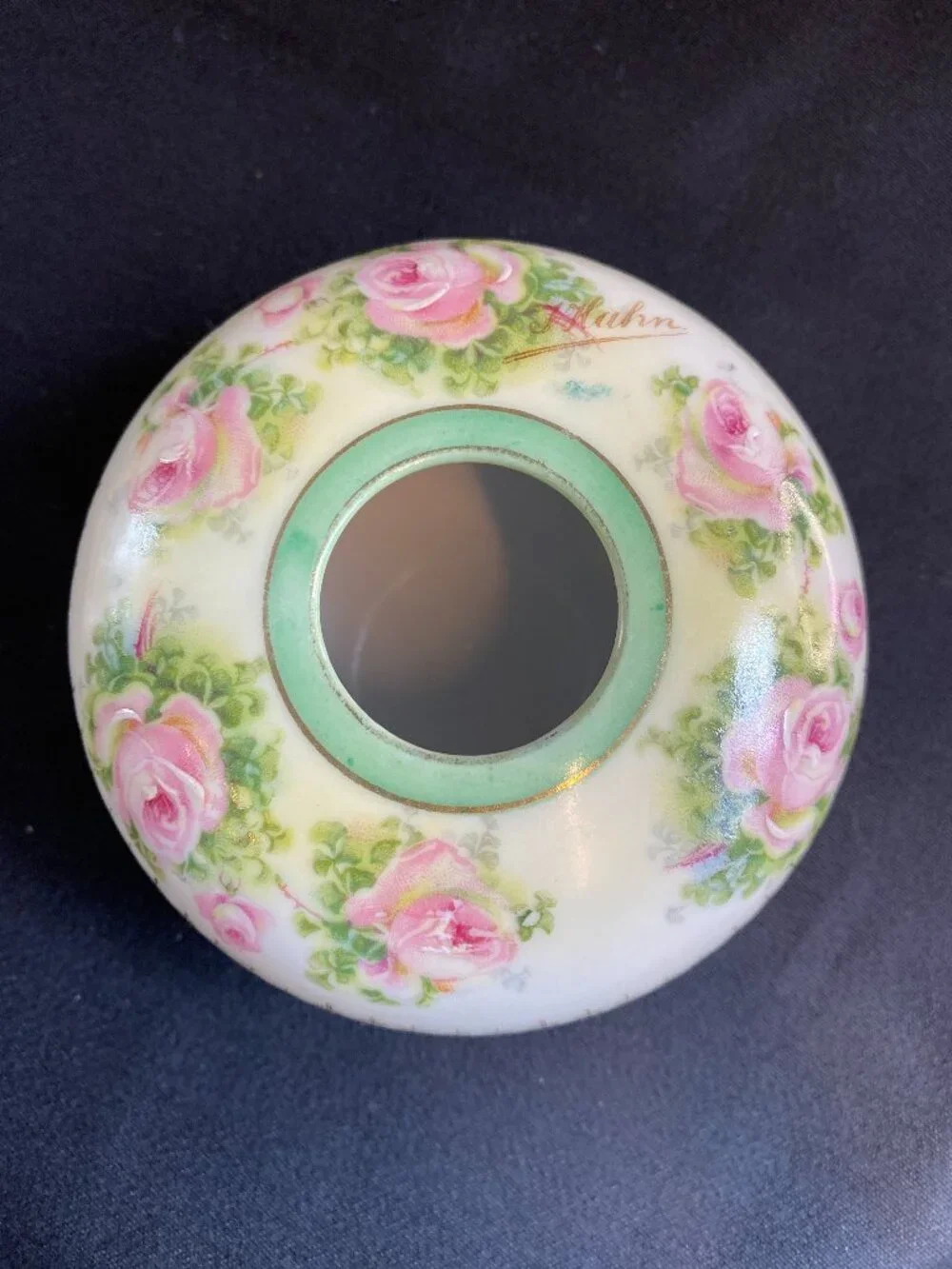 Antique Royal Rundlstadt Porcelain Hair Receiver Green with Roses 1905-1931